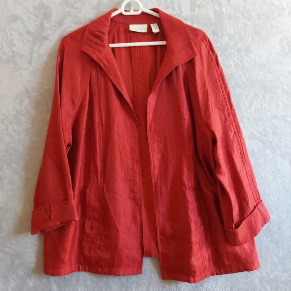 CHICO'S Open Front Jacket 2 L 12 14 Sleek Shiny True Red Pockets cuffed long - Picture 1 of 13